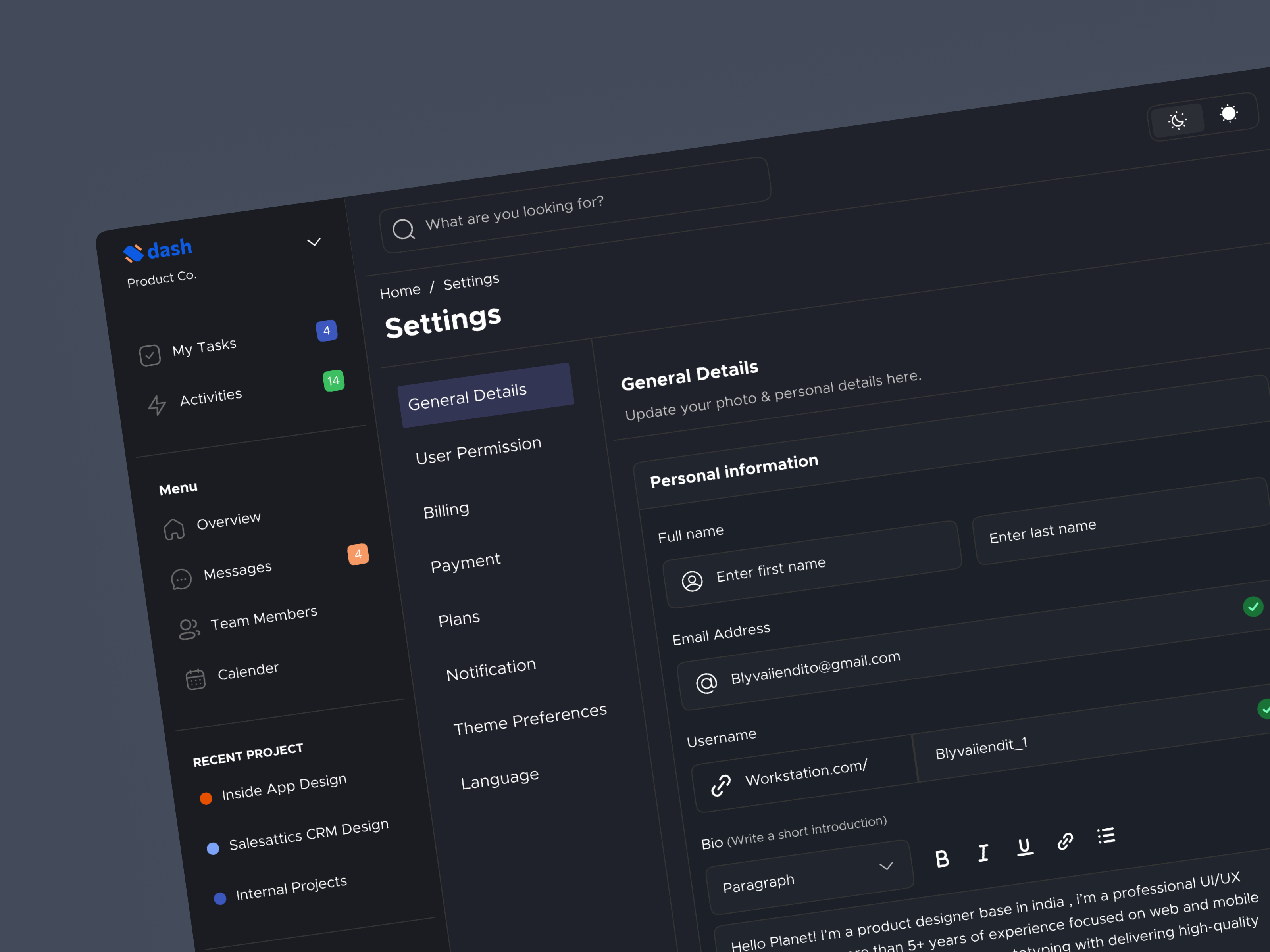 Settings page- Dash's Design System[Dark mode] admin dashboard branding dashbaord details forms links personal information profile picture search setting page settings team details typography uiux update details user description user details user information web design webapp