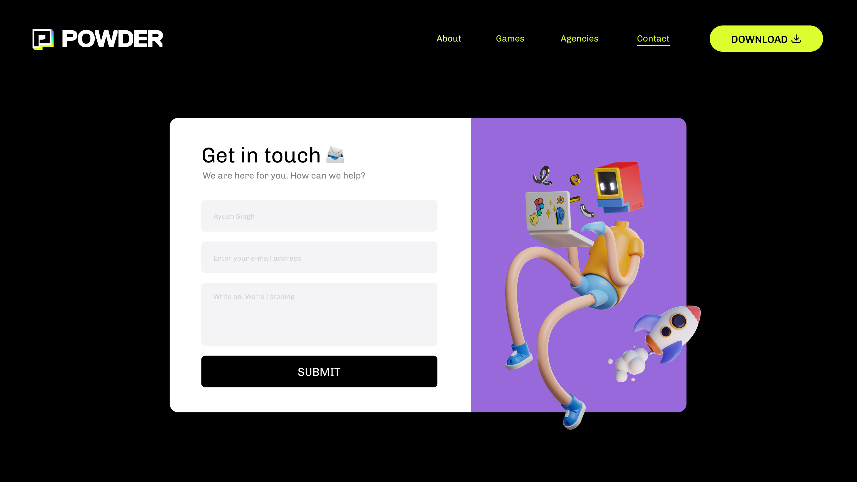 Powder.gg contact form concept brand design daily ui gaming product design ui design ux design website