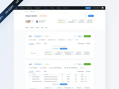 UX COPY / Web App / Project fields grid jobs list management project table ux copy