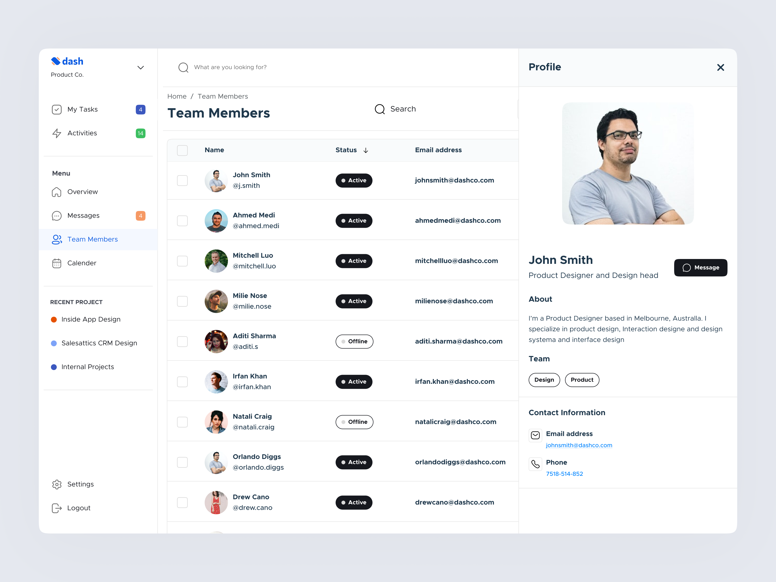 Team management - Dash's Design System action cool dashbaord figma list member details minimal product design status table tabs task team team management ui uiux user details user information web design webapp