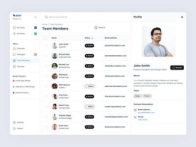 Team management - Dash's Design System action cool dashbaord figma list member details minimal product design status table tabs task team team management ui uiux user details user information web design webapp