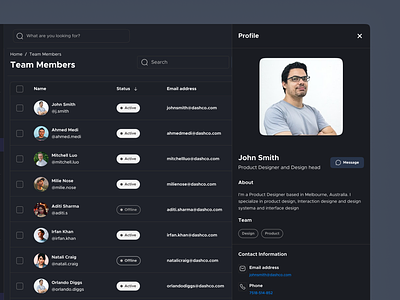 Team management - Dash's Design System [Dark mode] action status cool dashbaord figma list member details minimal product design table tabs task team team management ui uiux user details user information web design webapp