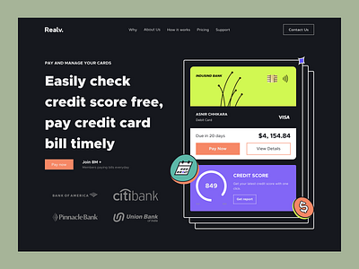 Hero Section UI [Dark] animation billing brandibg credit card dark finance fintech illustration landing page logo pay payment purchase retro score ui design uiux user interface web design website