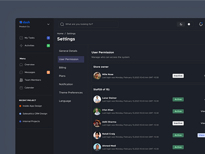 Settings page- User permission action admin branding dashbaord description details information links list members profile details setting status uiux update details update settings user information user permission web design webapp