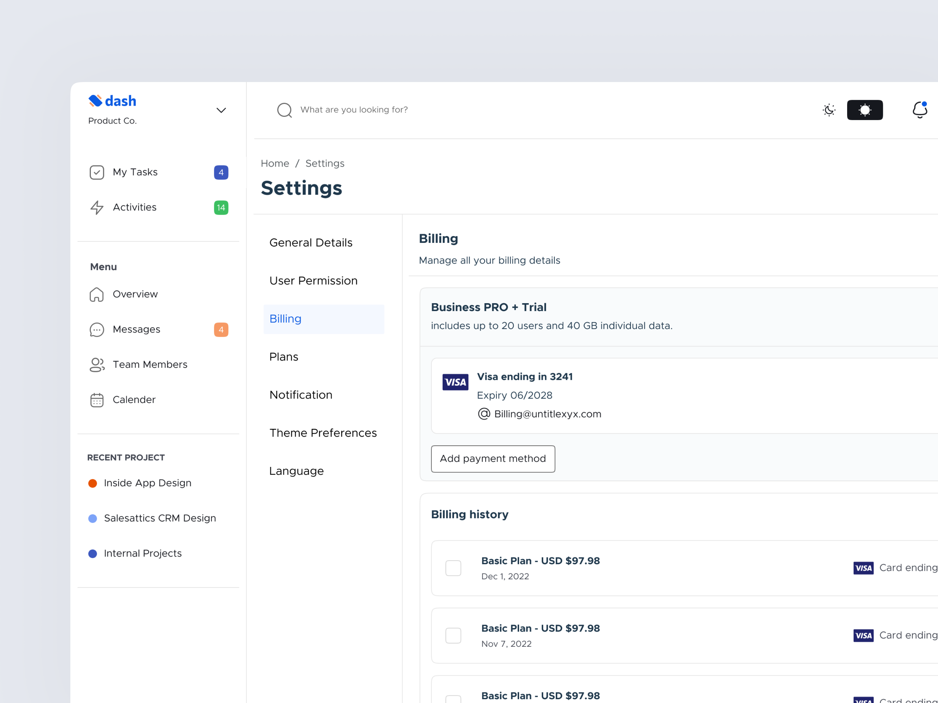 Settings page- Billing billing billing history branding description download information links list members membership payment payment method setting status table update details value web desing web site webapp