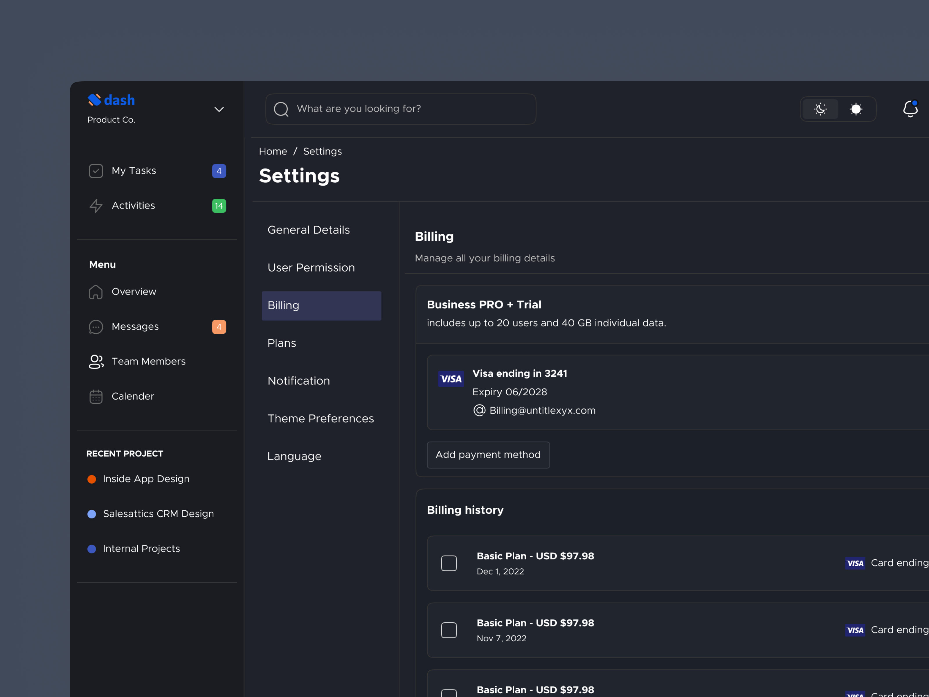 Settings page- Billing [Dark mode] billing billing history branding dark mode dashbaord description information links list members membership payment setting status table update details value web design webapp