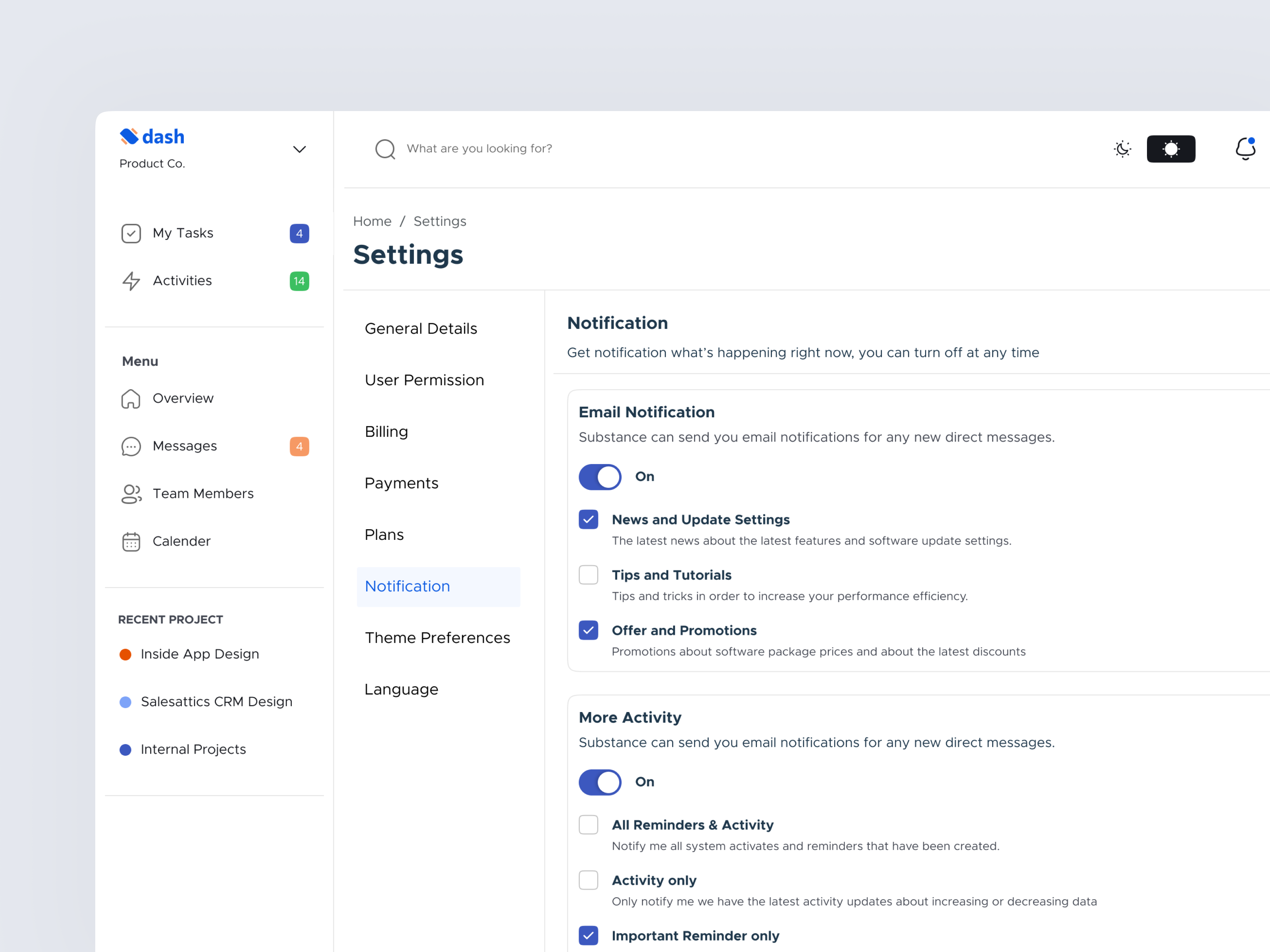 Settings page- Notification activity alert checkbox dashboard details email links news updates notification option promotion reminder setting switch update details update notifation update setting web design web site webapp