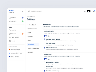 Settings page- Notification activity alert checkbox dashboard details email links news updates notification option promotion reminder setting switch update details update notifation update setting web design web site webapp