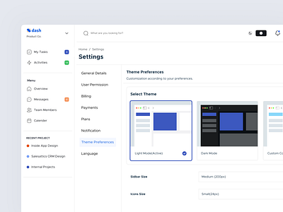 Settings page- Theme card colors dark theme details icon light theme more setting multiple theme setting sidebar theme theme card ui uiux update setting update theme ux web design webapp website