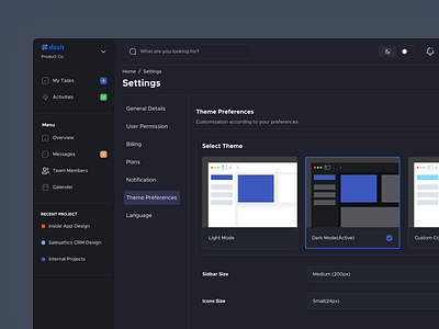 Settings page- Theme [Dark mode] card color colors dark theme details icons light theme more settings multiple icon setting sidebar theme theme card uiux update setting update theme ux webapp website