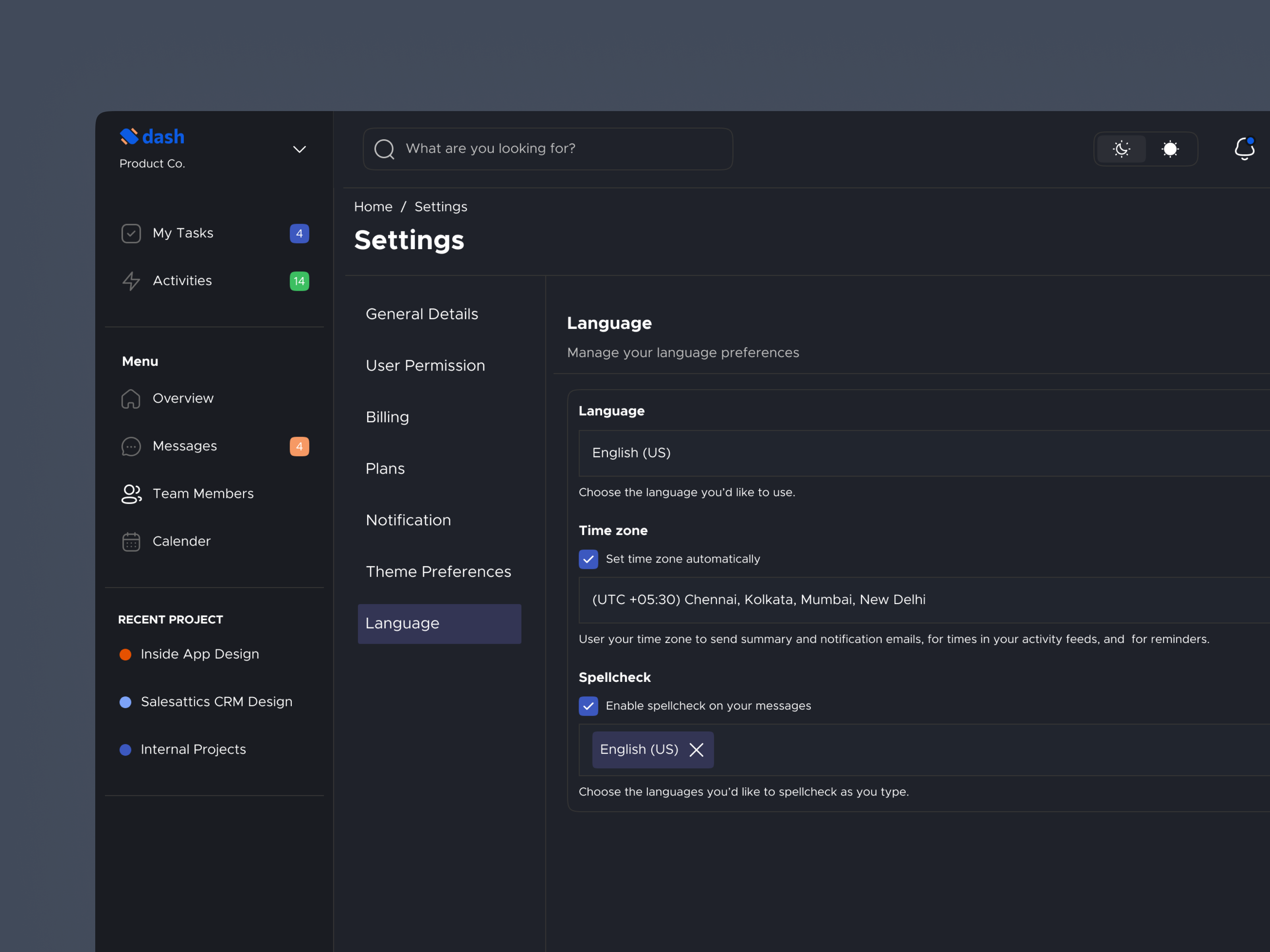 Settings page- Language [Dark mode] billing description details general details language language information multiple language notification payment plans setting spelling check theme time zone update details update language update setting update spelling user permission