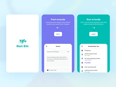 Run Em - Errand Running App call chat chore delivery errand errand runner errand running gps job map menu onboarding screens profile run errands shopper splash screen task transport service transportation service wallet