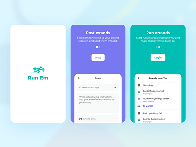 Run Em - Errand Running App call chat chore delivery errand errand runner errand running gps job map menu onboarding screens profile run errands shopper splash screen task transport service transportation service wallet