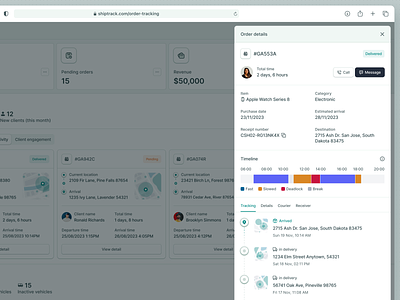 Shiptrack: Order Tracking Sheet Shipment Tracking Web app Saas cargo dashboard details graph location logistics map modal order pop up profile saas sheet shipment shipping statistics status tracking webapp window