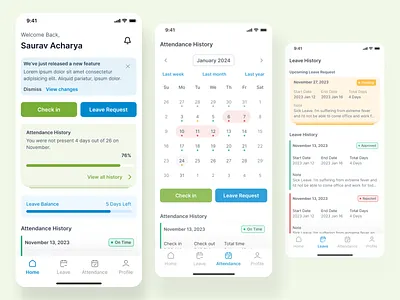 Mobile application for employees to record check-in/out or leave attendance attendance application employee management hr leave management mobile app mobile application