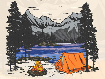 A tent with a campfire on the edge of lake. backpacker campers campfire camping custom illustration hiking lake nature paddlers t shirt tent vector art