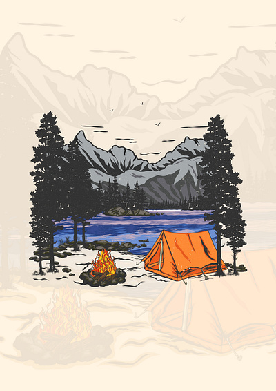 A tent with a campfire on the edge of lake. backpacker campers campfire camping custom illustration hiking lake nature paddlers t shirt tent vector art
