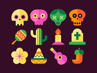 Día de Muertos icon set cactus calaveras candle celebration cliparts dead death design día de muertos festive flat halloween horror icon set icons illustrations leo alexandre mexican skulls vector