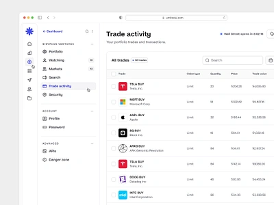 Trade activity — Untitled UI banking dashboard brokerage dashboard navigation product design side nav sidenav stock platform stock trading table trade activity ui design user interface