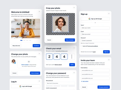 Bunch of modals — Untitled UI change password crop photo invite team minimal minimalism modal modals onboarding product design ui ui design upload photo user interface welcome