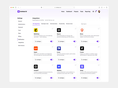 Integrations settings — Untitled UI cards dashboard figma integrations minimal preferences product design settings sidenav tabs ui ui design user interface