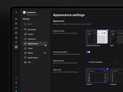 Appearance settings — Untitled UI admin appearance settings dark mode menu nav navigation preferences product design settings sidenav theme ui ui design user interface