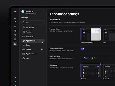 Appearance settings — Untitled UI admin appearance settings dark mode menu nav navigation preferences product design settings sidenav theme ui ui design user interface