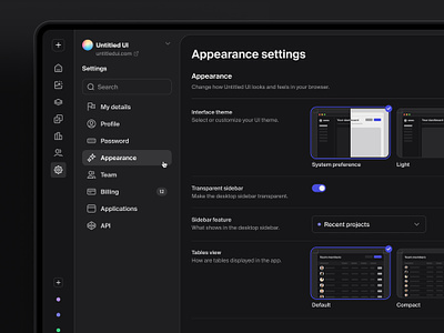 Appearance settings — Untitled UI admin appearance settings dark mode menu nav navigation preferences product design settings sidenav theme ui ui design user interface