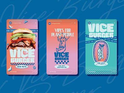 Vice Burger Social Media - ArtsGoggle Debut Campaign brand branding burger design fast food graphic design illustration logo miami vice restaurant retro ui ux vegan vegetarian vice burger visual identity