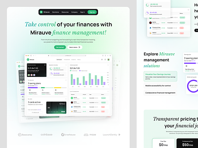 Mirauve - Financial Management Landing Page 💸 accounting chart clean credit card defi expense financial financial management fintech income interface landing page management tool minimalist saas saas landing page ui ux web design website