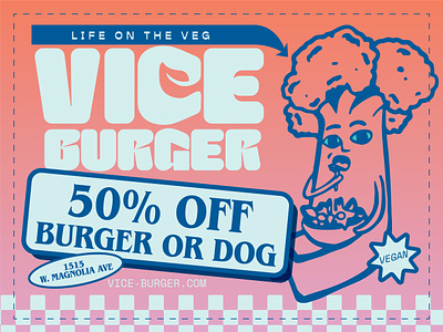 Vice Burger Coupon 80s brand branding broccoli burger cannibal coupon design dog fast food fort worth illustration logo miami vice restaurant retro salad vegan vegetarian