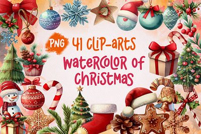 41 Watercolor Clip arts of Christmas hand drawn elements
