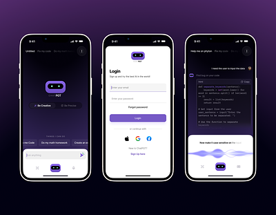 ChatPGT - AI Powered Chat App Exploration ai app apps artificial chatgpt clean code coding dark gpt homepage icon intelligence login mobile purple smart toggle ui voice