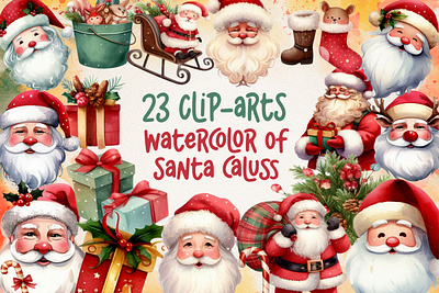 23 Watercolor Clip arts of Santa Clauss holiday season