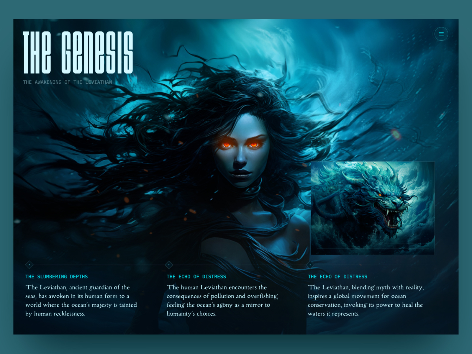 Mythical creatures vs Environment animation bold text dark theme game human leviathan mythical creature ocean story web design website