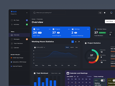 Dash - Overview (Dashboard) Dark analysis calender view chart dashboard graph meeting details meeting view member mobile notification overview popup project details sta status task task management team webapp website design