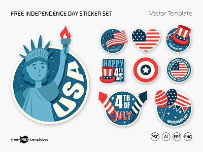 Free Independence Day Sticker Set (PSD, AI, EPS, PNG) america american free freebie independence independence day july 4 photoshop psd sticker sticker pack sticker set stickers template templates usa vector vectors