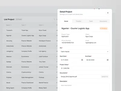 Finanzen - Detail Project dashboard detail details finance financial form general list modal pop up product design project saas status tabel