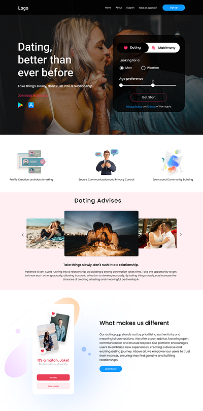 Dating web site landing page UI UX Design app dating design illustration ui user experience user interface ux web web design