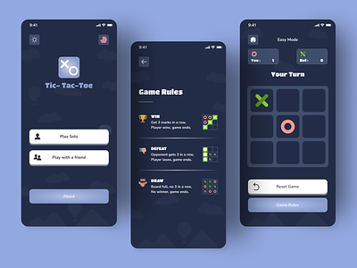 Tic Tac Toe App app clean dark design flatdesign gameapp gaming interface minimal rules tictactoe ui uiux ux