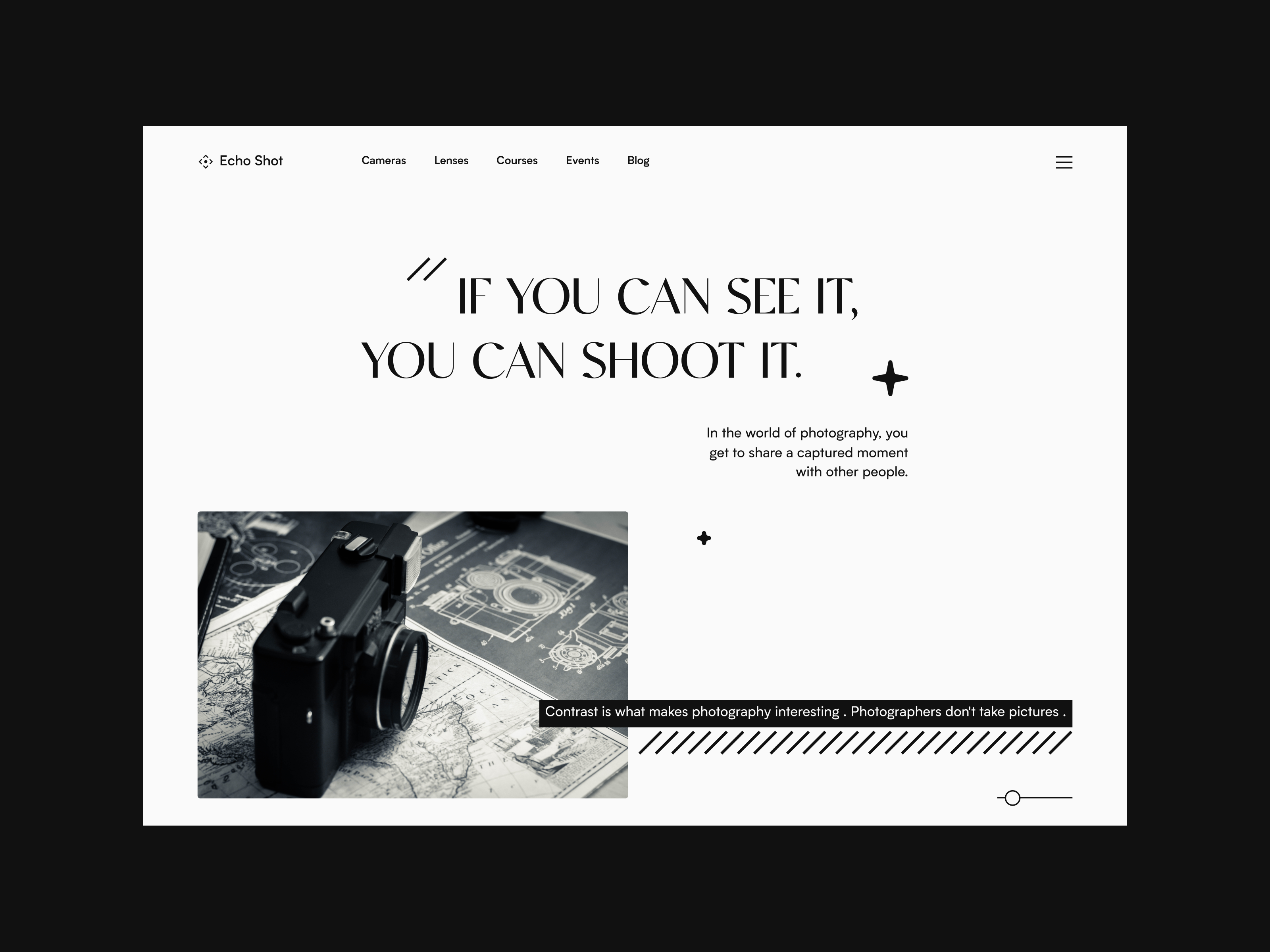 Photography Website - Echo Shot camera classic echo echo design echodesign hero hero section hierarchy landing layout lenses monochromatic photo photographer photography shot typography ui design unique web design