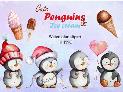 Penguins with ice cream. Clipart christmas animals christmas penguin christmas watercolor penguin penguin clipart watercolor penguins winter animals winter watercolor