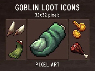 Free Goblin Loot Icons 32×32 Pixel Art 2d 32x32 art asset assets fantasy game game assets gamedev goblin icon icons illustration indie loot pack pixel pixelart pixelated set