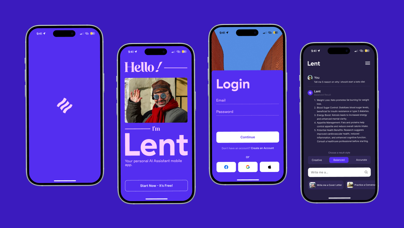 Lent - Your personal AI Assistant Mobile App ai app creative design minimal mobile mobile design product design ui ui design uiux user interface user research ux ux design