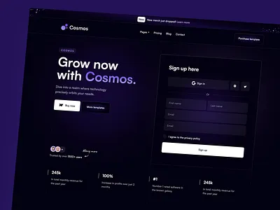 Cosmos - SaaS and Web3 Webflow template app branding cosmos dark dark gradient dark hero design gradient graphic design hero illustration logo sign up sign up hero space template ui webflow