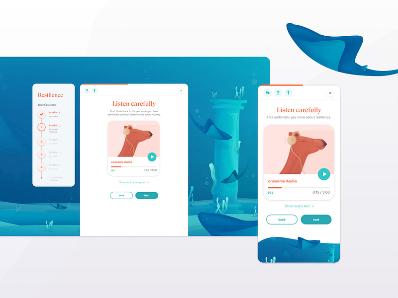 Coaching App Design – UI Design audioplayer camel coaching app design illustrations manta ray questionscreen screendesign ui underwater illustration webapp