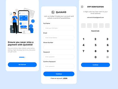 Quick AID - mobile onboarding process finance graphic design mobile design onboarding otp ui