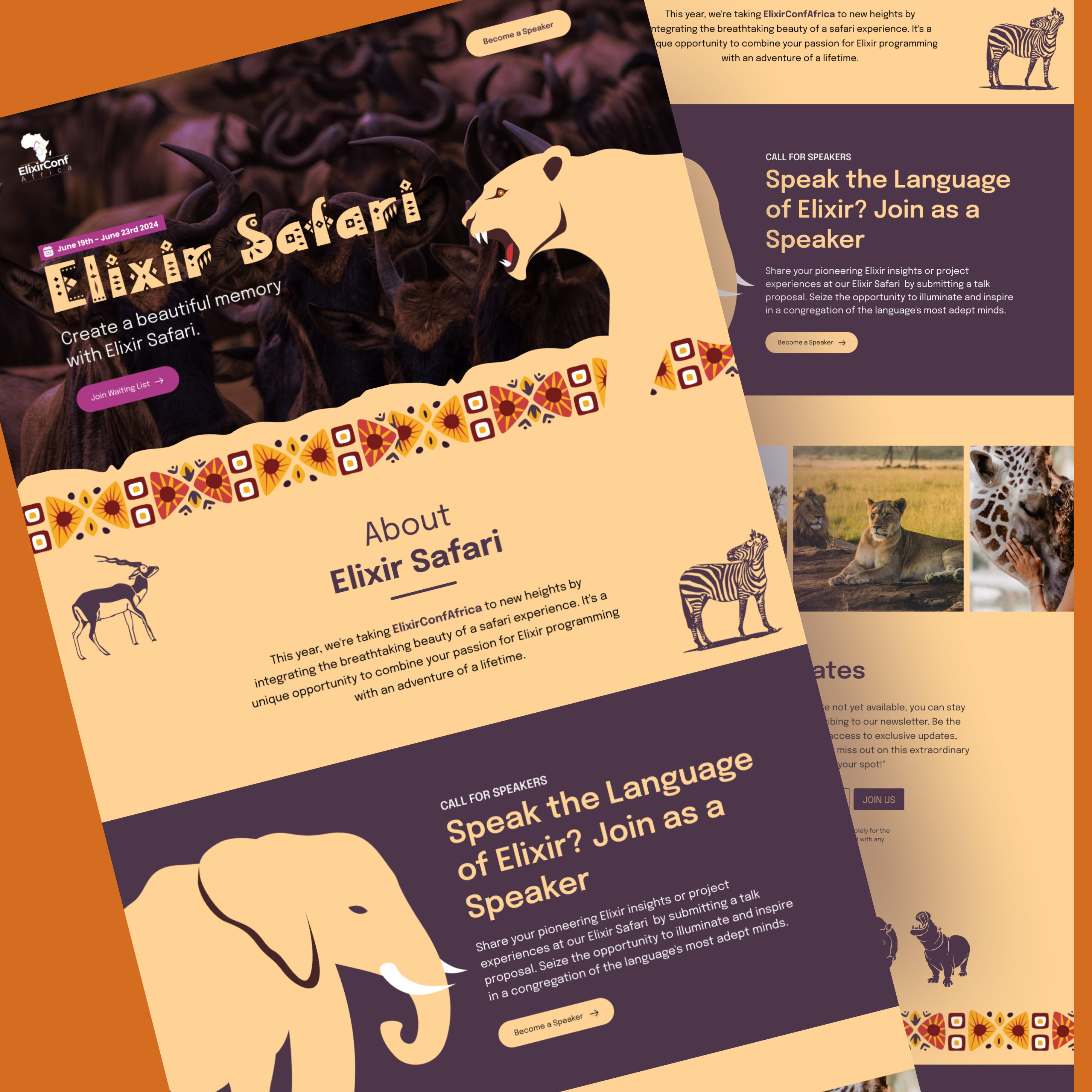 Elixir Safari - ElixirConf Africa 2024 community conference elixir event landing page ui ux website design