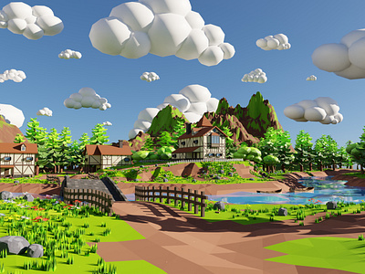 Medieval Town 3D model 3d 3dmodel art blender bridge cartoon cliff environment exterior flower forest game grass house landscape lowpoly mountain river rocks town