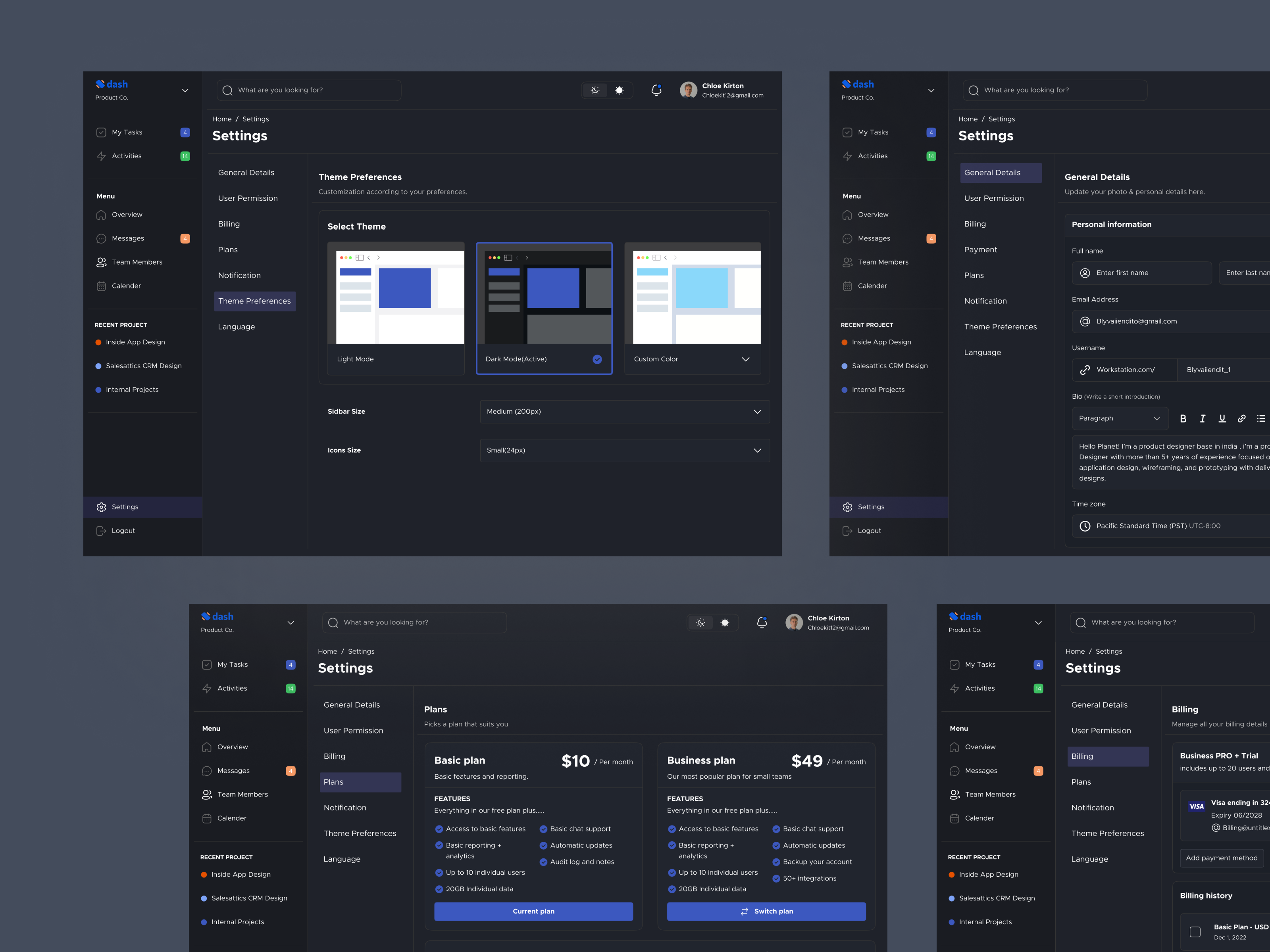Dash - Task Management System[Dark mode] billing dashboard details domain language layout notification payment personal information plans purchase settings task management team theme uiux update details user user details user permission